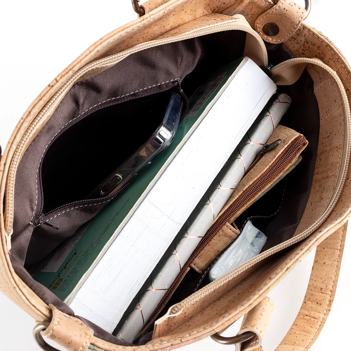 Cork handbag, with two handles and a shoulder strap