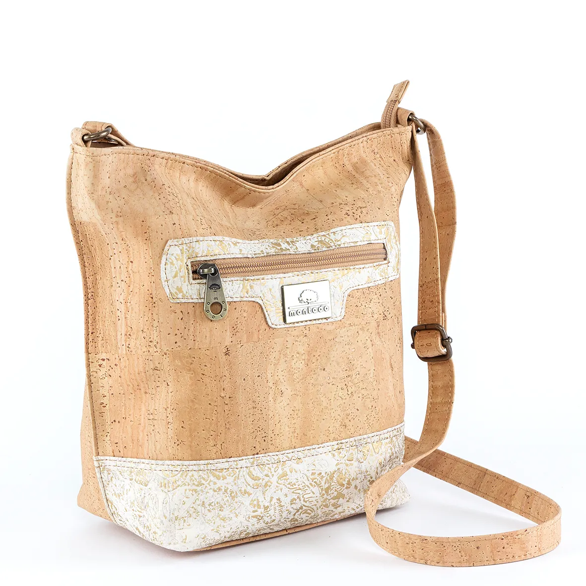 Cork shoulder bag with gold leaf pattern
