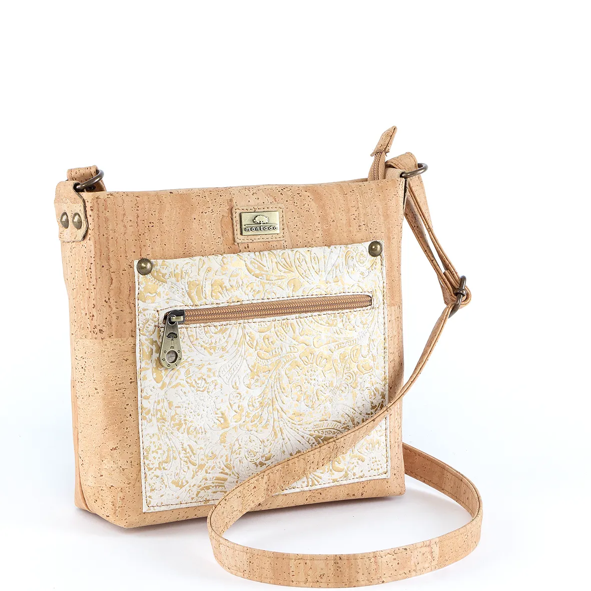 Eco-Friendly Cork Shoulder Bag with Gold Leaf Pattern