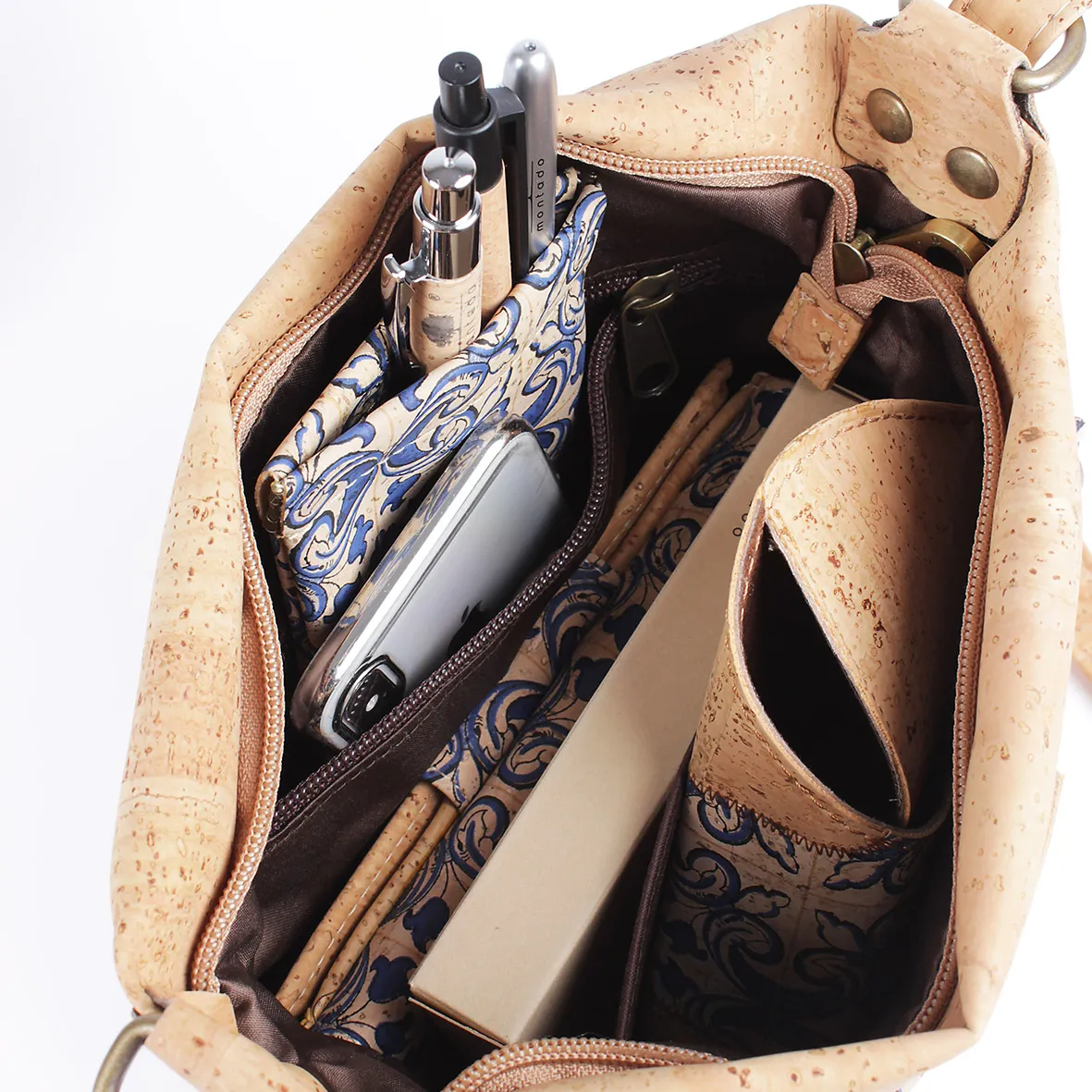 Eco-Friendly Cork Shoulder Bag with Gold Leaf Pattern