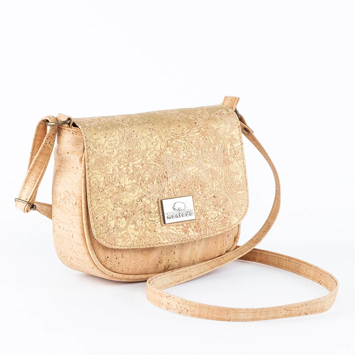 Shoulder bag with cork handle and gold leaf pattern