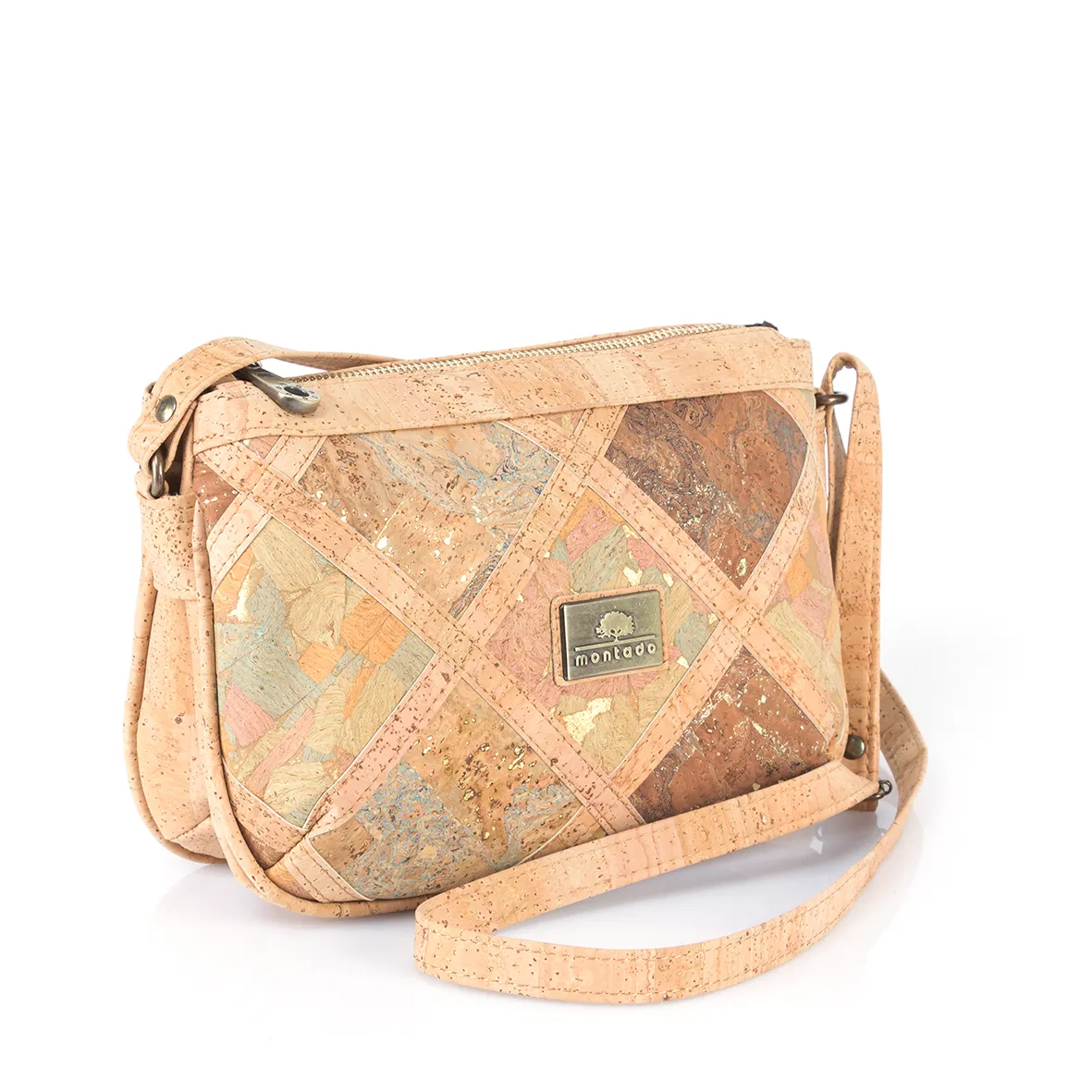 Mala de Tiracolo em Cortiça com 3 Compartimentos com Padrão Geométrico em Losango