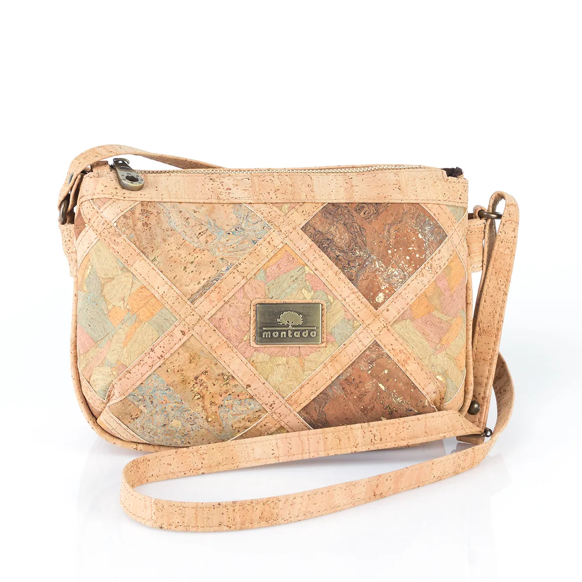 Mala de Tiracolo em Cortiça com 3 Compartimentos com Padrão Geométrico em Losango