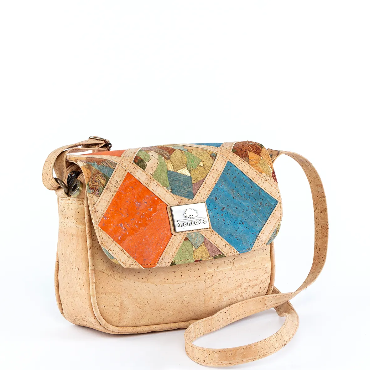 Mala de Tiracolo em Cortiça com Pala com Padrão Geométrico em Losango