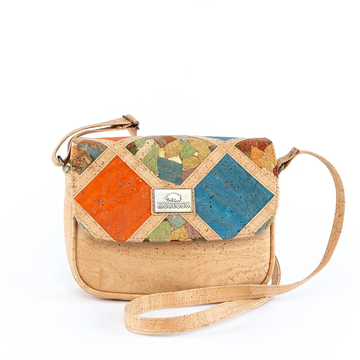 Mala de Tiracolo em Cortiça com Pala com Padrão Geométrico em Losango