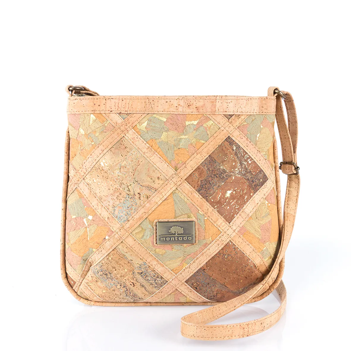 Eco-Friendly Cork Shoulder Bag with Geometric Rhombus Pattern