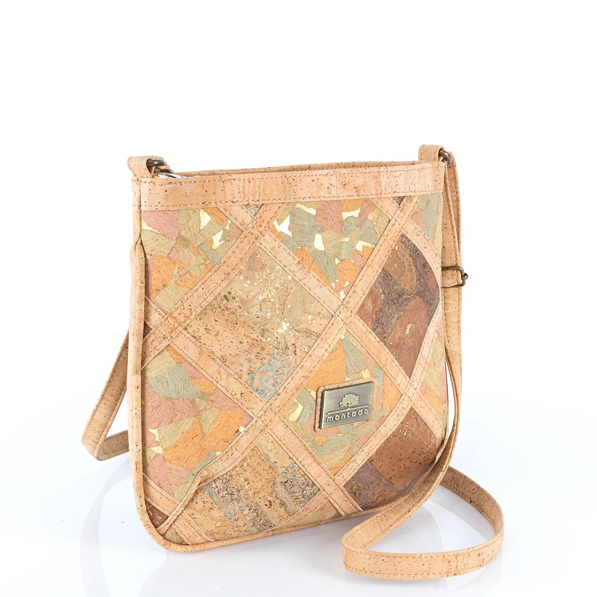 Eco-Friendly Cork Shoulder Bag with Geometric Rhombus Pattern