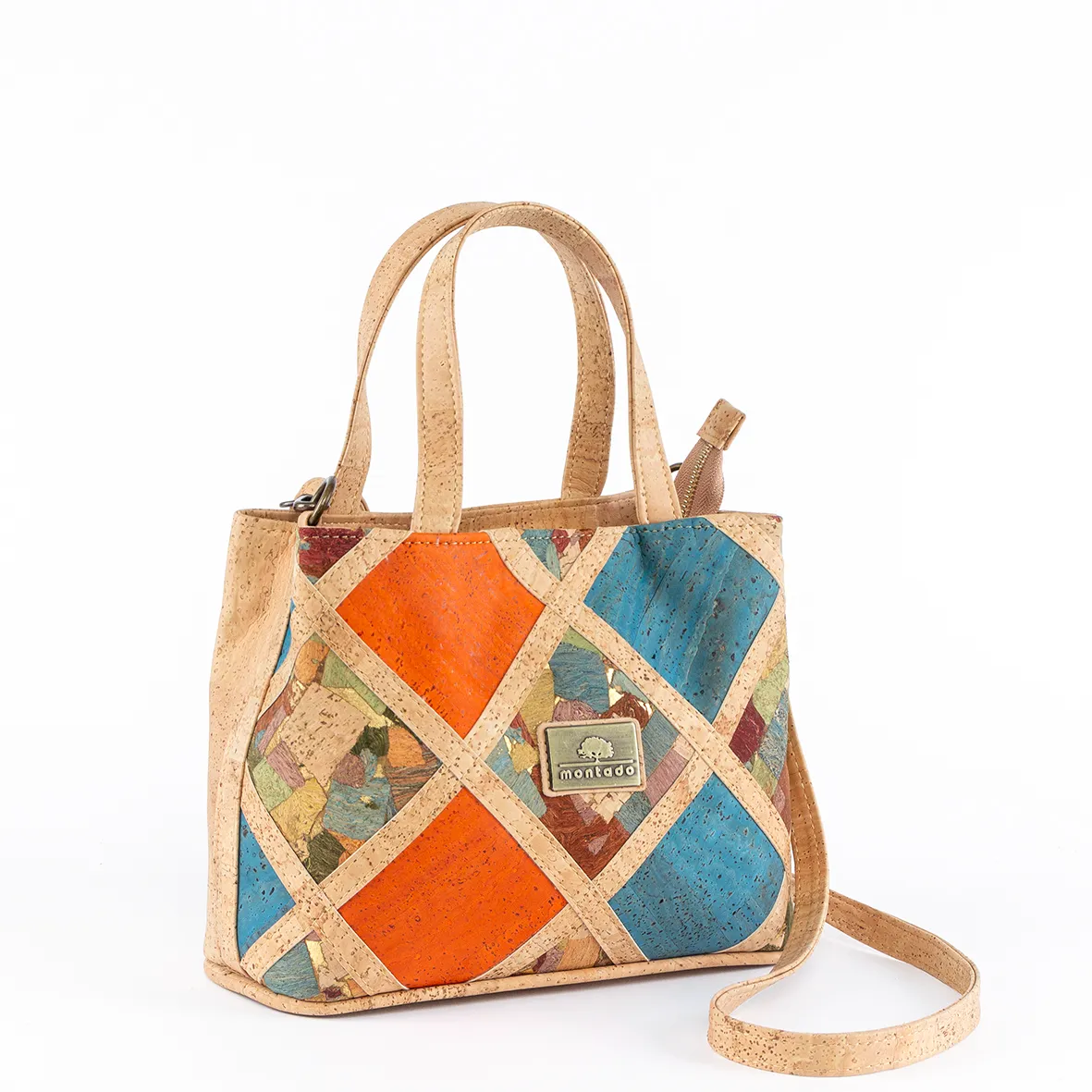 Mala de Mão e Tiracolo em Cortiça com Padrão Geométrico em Losango