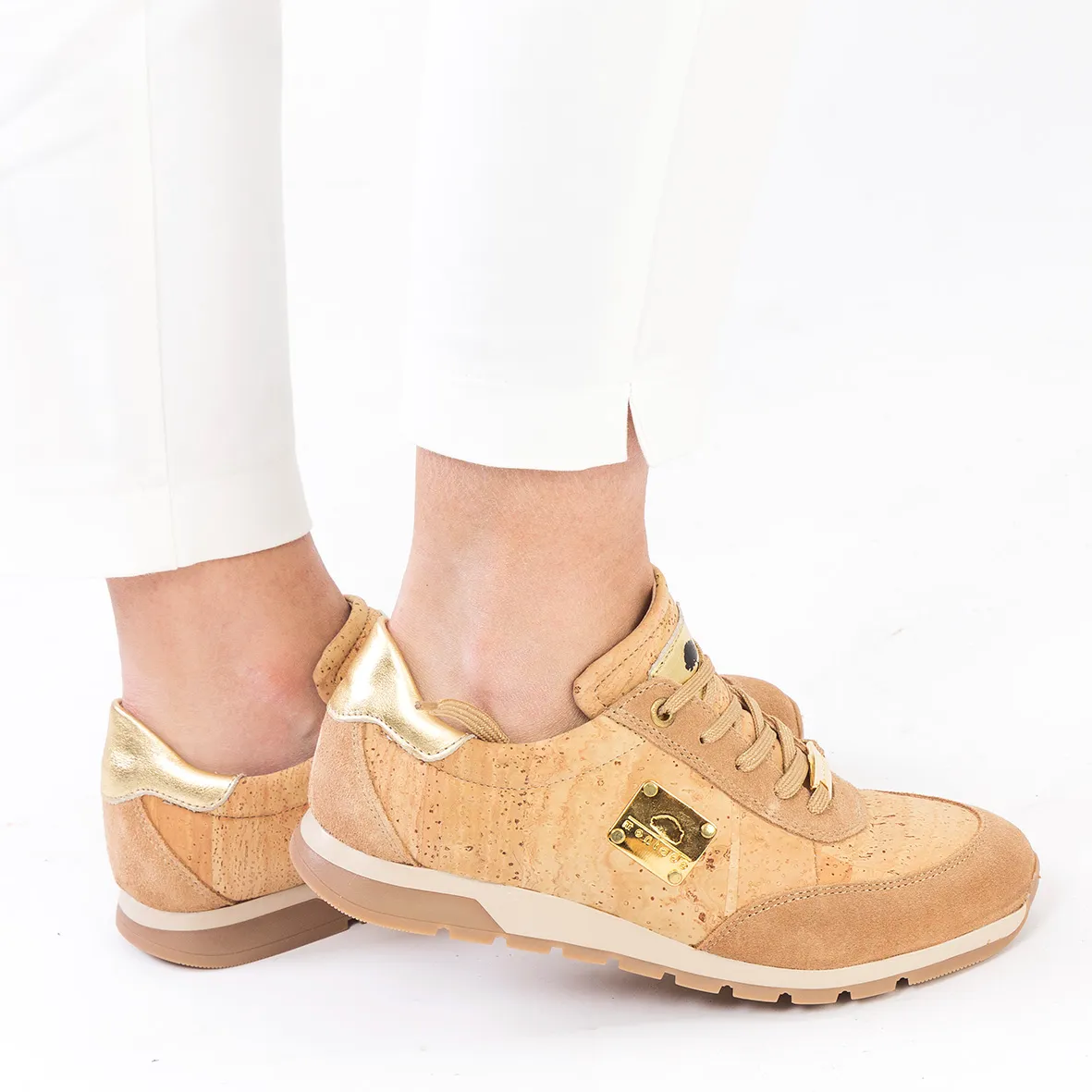 Women's cork trainers or sneakers with leather and suede details