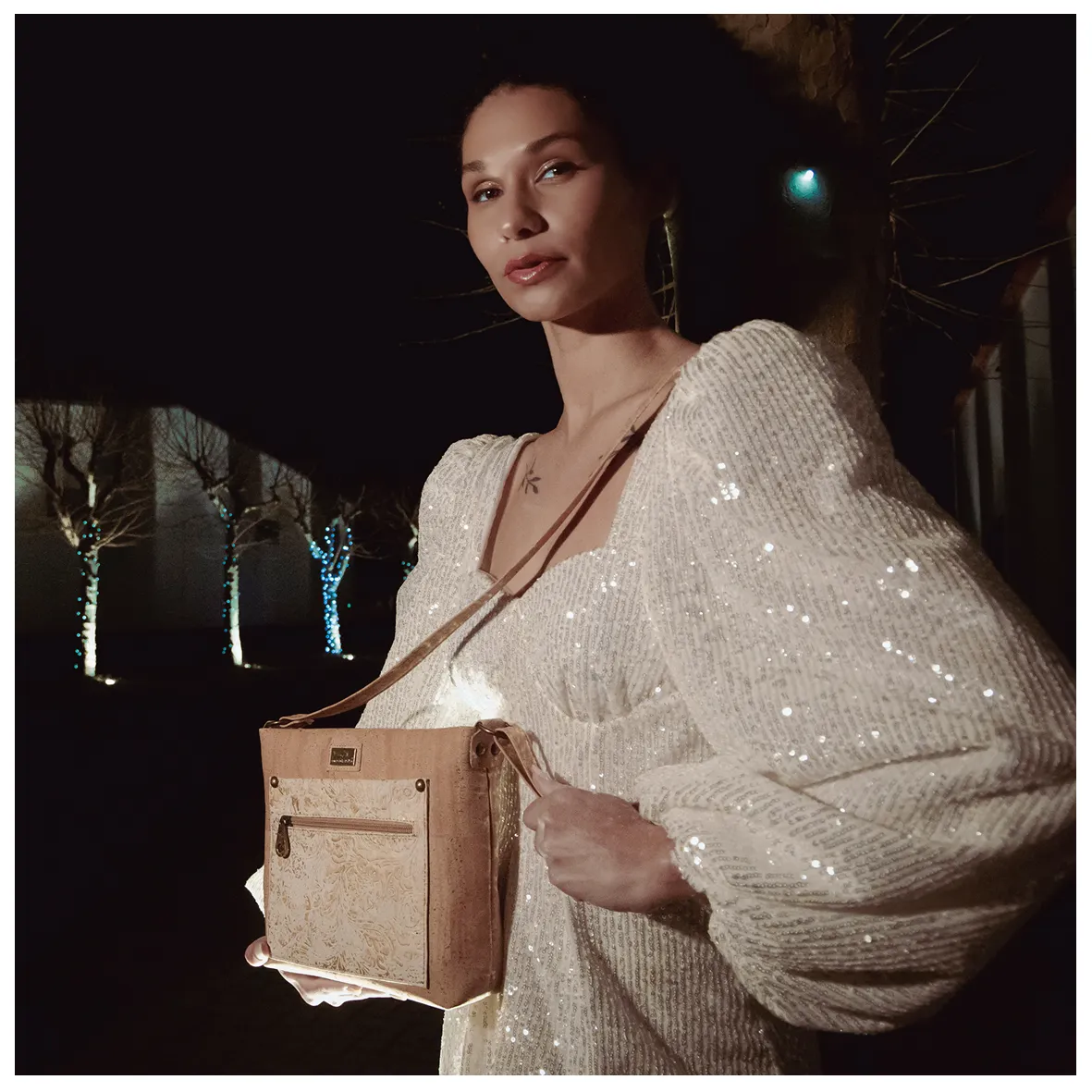 Eco-Friendly Cork Shoulder Bag with Gold Leaf Pattern