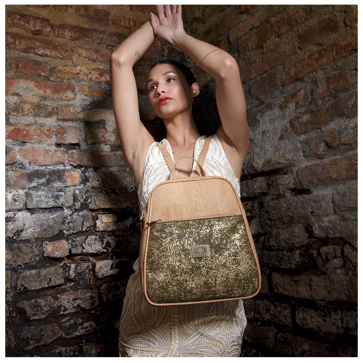 Cork Backpack with Gold Leaf Pattern
