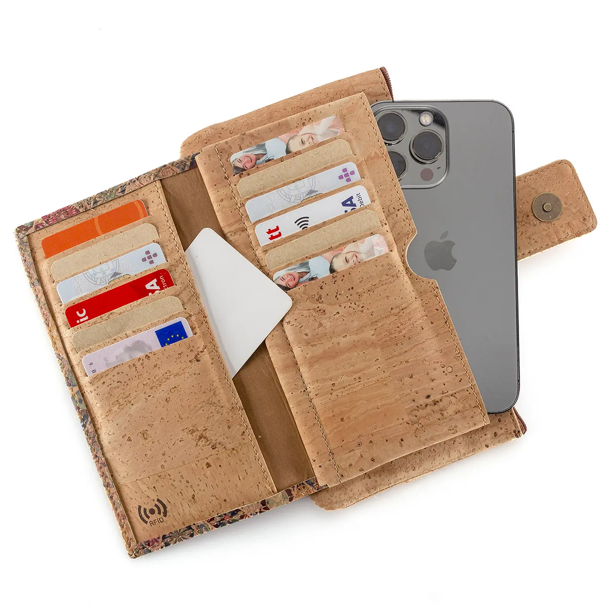 Porta-moedas Grande e Flexível para Senhora em Cortiça Eco-friendly com Proteção Antirroubo RFID