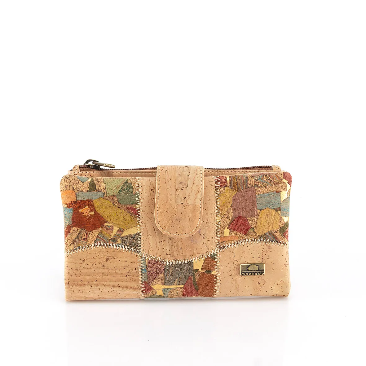 Porta-Moedas Grande em Cortiça, Flexível, com Proteção Antirroubo RFID, Exterior com Patchwork