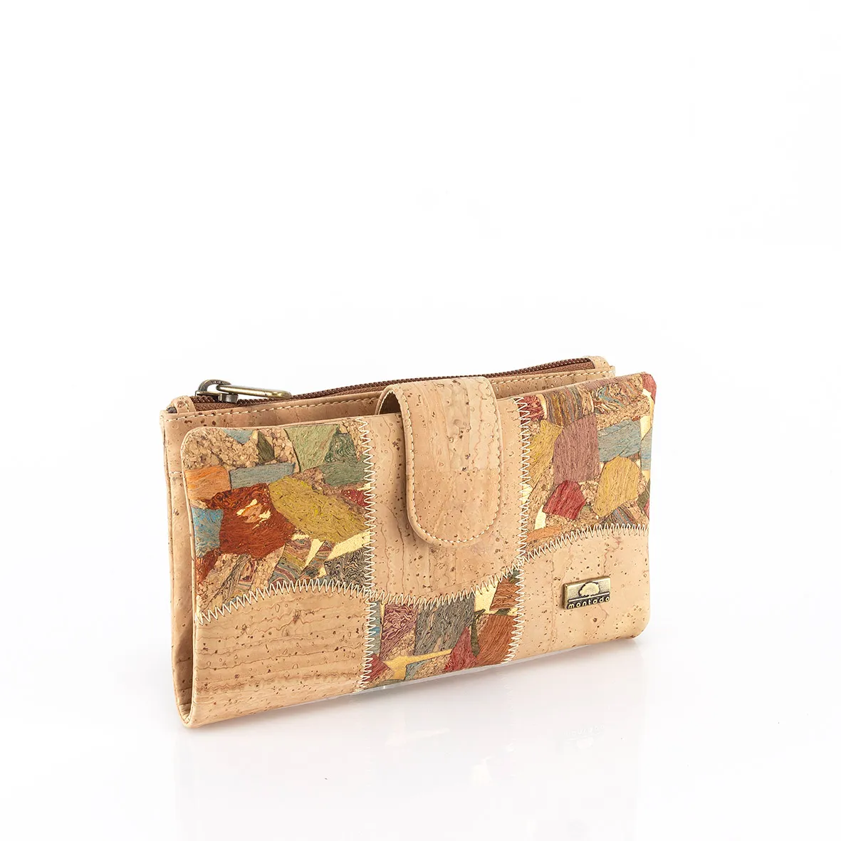 Porta-Moedas Grande em Cortiça, Flexível, com Proteção Antirroubo RFID, Exterior com Patchwork