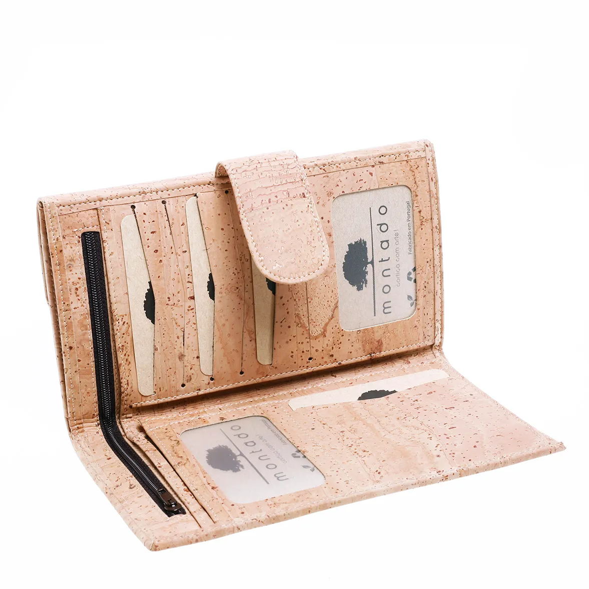 Large, structured cork coin purse with anti-theft protection and patchwork exterior