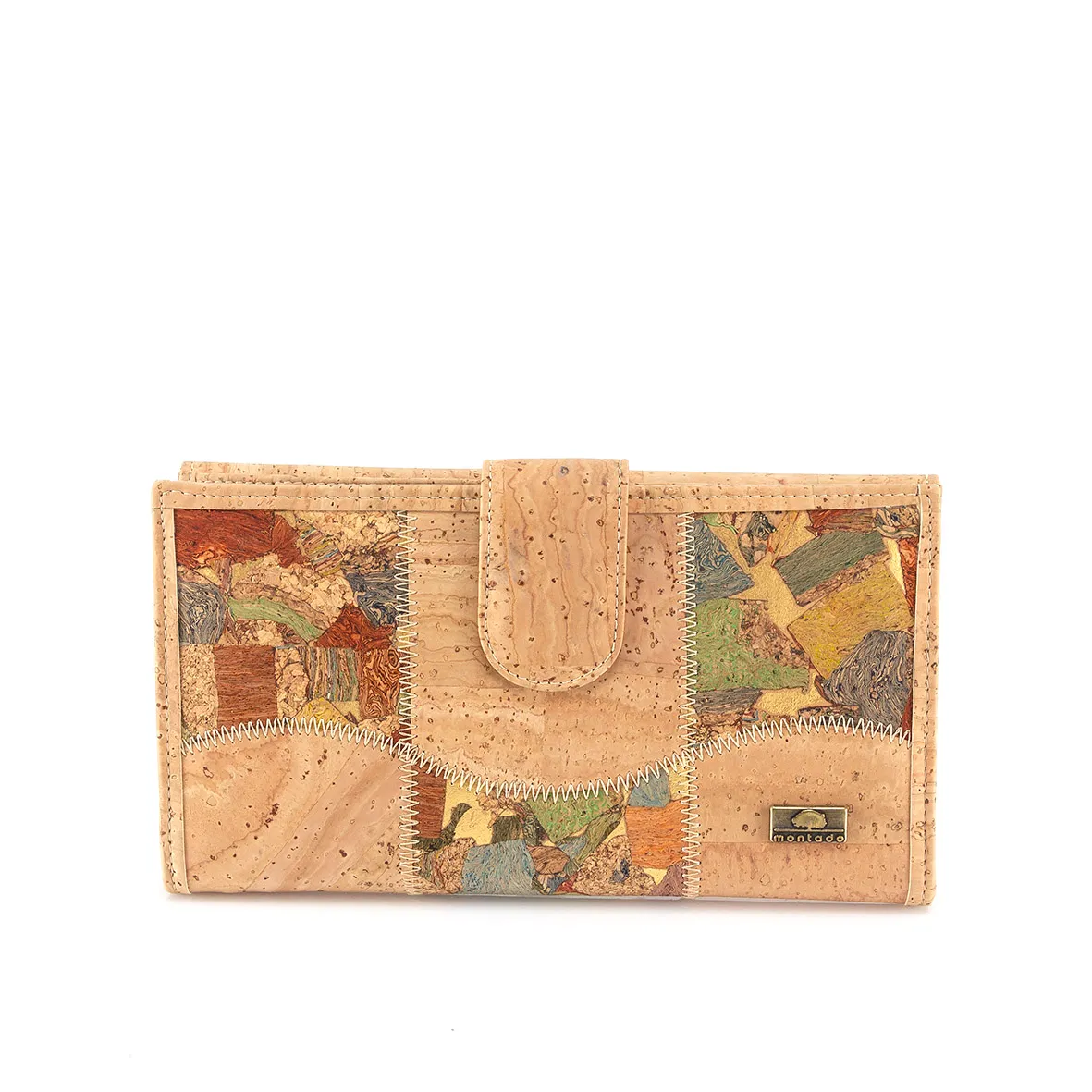 Large, structured cork coin purse with anti-theft protection and patchwork exterior