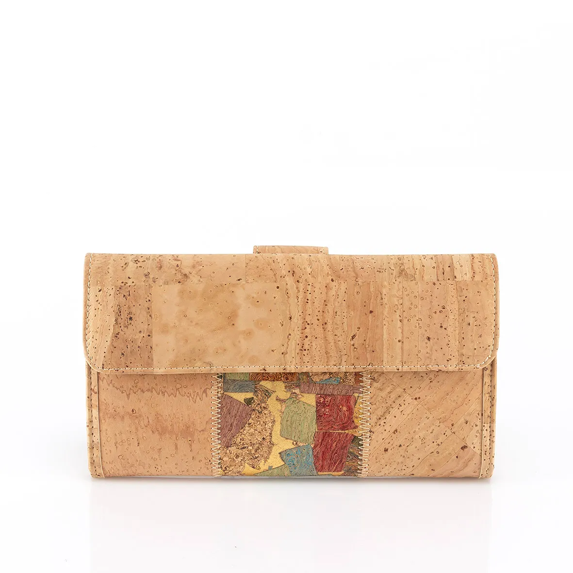 Large, structured cork coin purse with anti-theft protection and patchwork exterior