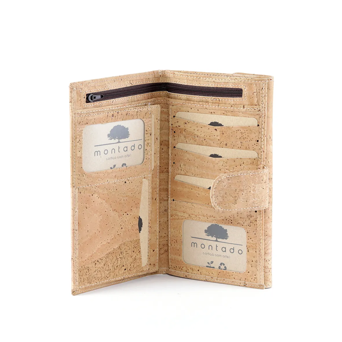 Large, structured cork coin purse with anti-theft protection and patchwork exterior