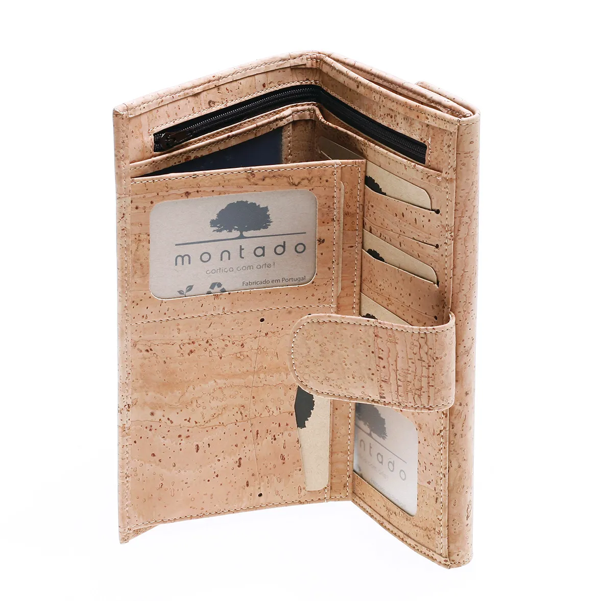 Large, structured cork coin purse with anti-theft protection and patchwork exterior