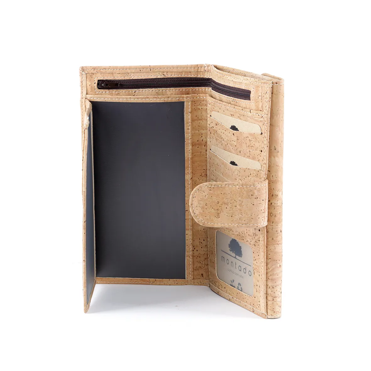 Large, structured cork coin purse with anti-theft protection and patchwork exterior