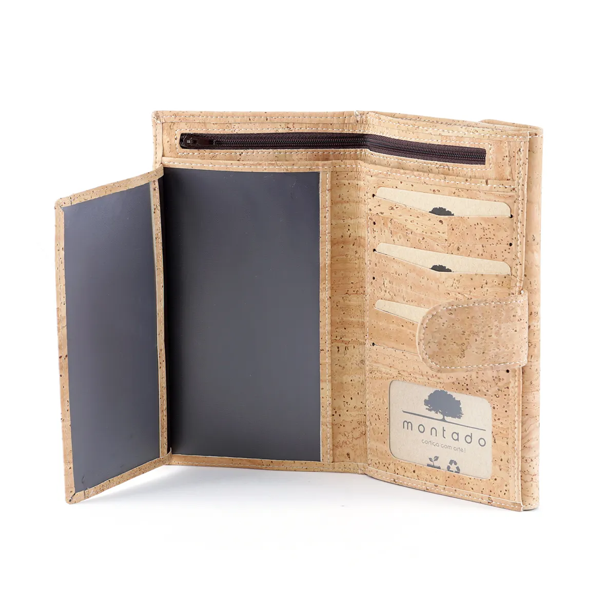 Large, structured cork coin purse with anti-theft protection and patchwork exterior