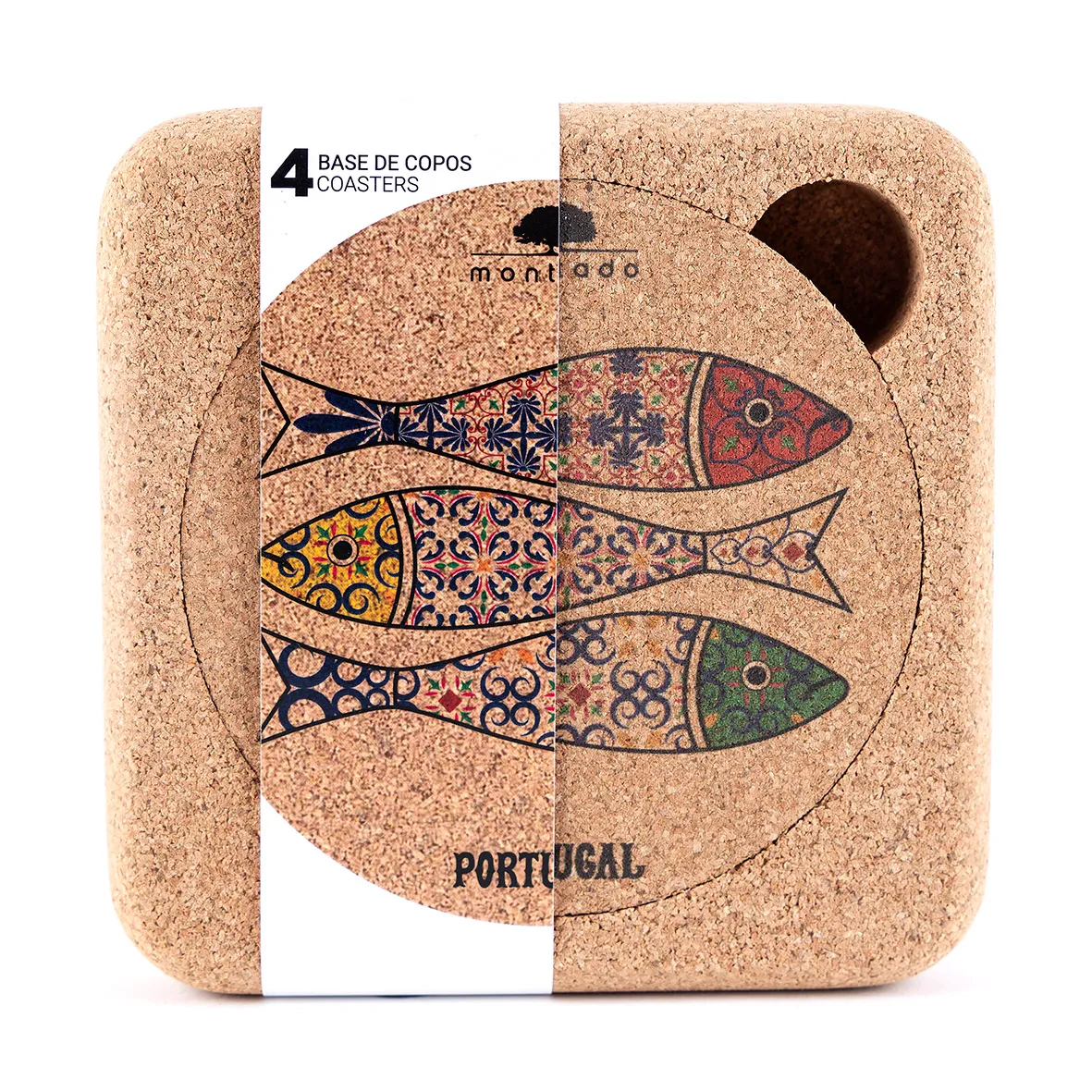 Pack of 4 Reusable Round Cork Coasters - Sardine Pattern