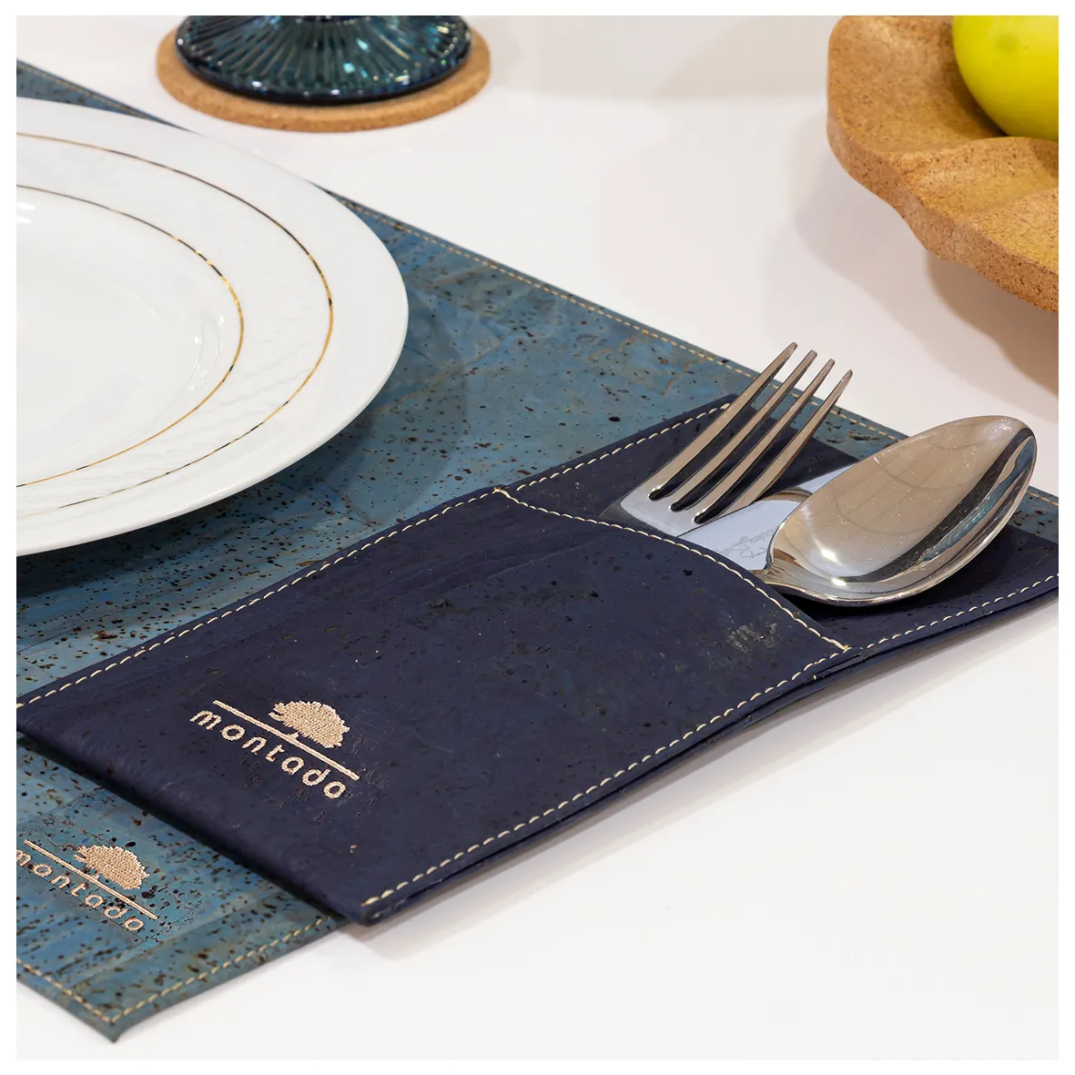 Reusable Cork Cutlery Holder - Blue